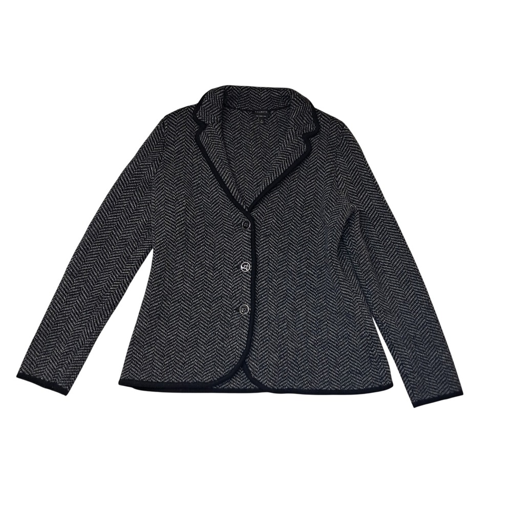 Talbots Sweater Blazer Womens Small Black Herringbone Merino Wool Knit Jacket